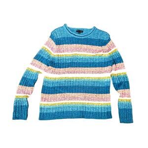 Carolyn Taylor Sweater L Pullover Long Sleeve Striped Heather Blue Pink White